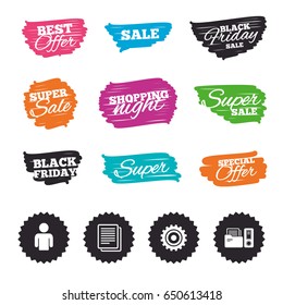 Ink brush sale banners and stripes. Accounting workflow icons. Human silhouette, cogwheel gear and documents folders signs symbols. Special offer. Ink stroke. Vector