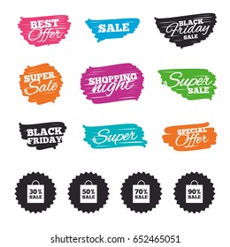 Ink brush sale banners and stripes. Sale bag tag icons. Discount special offer symbols. 30%, 50%, 70% and 90% percent sale signs. Special offer. Ink stroke. Vector