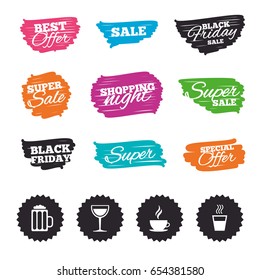 Ink brush sale banners and stripes. Drinks icons. Coffee cup and glass of beer symbols. Wine glass sign. Special offer. Ink stroke. Vector