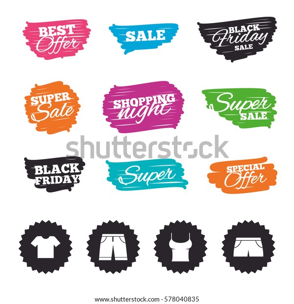 Ink brush sale banners and stripes. Clothes icons.\
T-shirt and bermuda shorts signs. Swimming trunks symbol. Special\
offer. Ink stroke. Vector