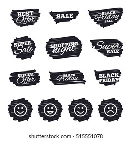 Ink brush sale stripes and banners. Smile icons. Happy, sad and wink faces symbol. Laughing lol smiley signs. Black friday. Ink stroke. Vector