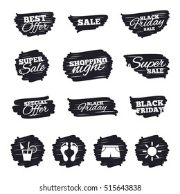 Ink brush sale stripes and banners. Beach holidays icons. Cocktail, human footprints and swimming trunks signs. Summer sun symbol. Black friday. Ink stroke. Vector