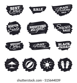 Ink brush sale stripes and banners. Beach holidays icons. Ball, umbrella and flip-flops sandals signs. Summer sun symbol. Black friday. Ink stroke. Vector