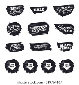 Ink Brush Sale Stripes And Banners. Sale Arrow Tag Icons. Discount Special Offer Symbols. 30%, 50%, 70% And 90% Percent Off Signs. Black Friday. Ink Stroke. Vector