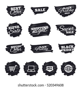 Ink brush sale stripes and banners. Online shopping icons. Notebook pc, shopping cart, buy now arrow and internet signs. WWW globe symbol. Black friday. Ink stroke. Vector