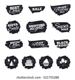 Ink brush sale stripes and banners. Birthday party icons. Cake, balloon, hat and muffin signs. Celebration symbol. Cupcake sweet food. Black friday. Ink stroke. Vector