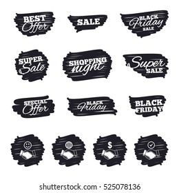 Ink brush sale stripes and banners. Handshake icons. World, Smile happy face and house building symbol. Dollar cash money. Amicable agreement. Black friday. Ink stroke. Vector