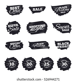 Ink brush sale stripes and banners. Sale discount icons. Special offer stamp price signs. 10, 20, 25 and 30 percent off reduction symbols. Black friday. Ink stroke. Vector