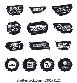 Ink brush sale stripes and banners. Sale speech bubble icon. Discount star symbol. Big sale shopping bag sign. First month free medal. Black friday. Ink stroke. Vector