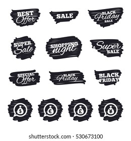 Ink brush sale stripes and banners. Money bag icons. Dollar, Euro, Pound and Yen speech bubbles symbols. USD, EUR, GBP and JPY currency signs. Black friday. Ink stroke. Vector