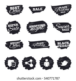 Ink brush sale stripes and banners. Social media icons. Chat speech bubble and Share link symbols. Bird sign. Human person profile. Black friday. Ink stroke. Vector