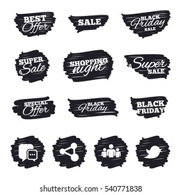Ink brush sale stripes and banners. Social media icons. Chat speech bubble and Bird chick symbols. Human group sign. Black friday. Ink stroke. Vector