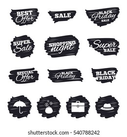 Ink brush sale stripes and banners. Clothing accessories icons. Umbrella and headdress hat signs. Wallet with cash coins, business case symbols. Black friday. Ink stroke. Vector