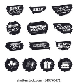 Ink brush sale stripes and banners. Birthday party icons. Cake and gift box signs. Air balloons and fireworks symbol. Black friday. Ink stroke. Vector