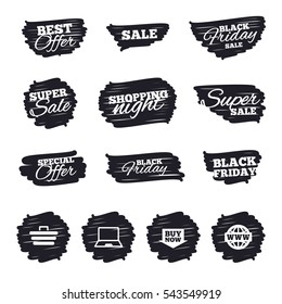 Ink brush sale stripes and banners. Online shopping icons. Notebook pc, shopping cart, buy now arrow and internet signs. WWW globe symbol. Black friday. Ink stroke. Vector