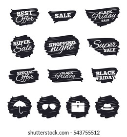 Ink brush sale stripes and banners. Clothing accessories icons. Umbrella and sunglasses signs. Headdress hat with business case symbols. Black friday. Ink stroke. Vector