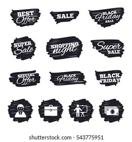 Ink brush sale stripes and banners. Businessman icons. Human silhouette and cash money signs. Case and presentation symbols. Black friday. Ink stroke. Vector