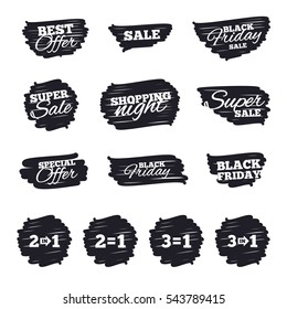 Ink brush sale stripes and banners. Special offer icons. Take two pay for one sign symbols. Profit at saving. Black friday. Ink stroke. Vector