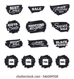 Ink brush sale stripes and banners. Sale bag tag icons. Discount special offer symbols. 30%, 50%, 70% and 90% percent discount signs. Black friday. Ink stroke. Vector