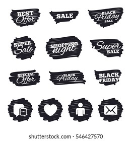 Ink brush sale stripes and banners. Social media icons. Chat speech bubble and Mail messages symbols. Love heart sign. Human person profile. Black friday. Ink stroke. Vector