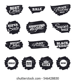 Ink brush sale stripes and banners. Sale speech bubble icon. Buy cart symbol. New star circle sign. Big sale shopping bag. Black friday. Ink stroke. Vector