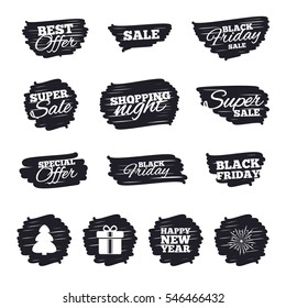 Ink brush sale stripes and banners. Happy new year icon. Christmas tree and gift box signs. Fireworks explosive symbol. Black friday. Ink stroke. Vector