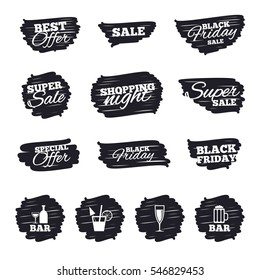 Ink brush sale stripes and banners. Bar or Pub icons. Glass of beer and champagne signs. Alcohol drinks and cocktail symbols. Black friday. Ink stroke. Vector