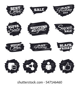 Ink brush sale stripes and banners. Social media icons. Chat speech bubble and Share link symbols. Like thumb up finger sign. Human person profile. Black friday. Ink stroke. Vector