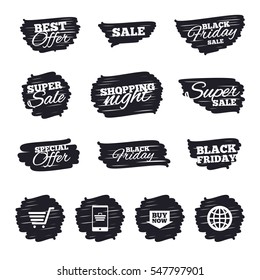 Ink brush sale stripes and banners. Online shopping icons. Smartphone, shopping cart, buy now arrow and internet signs. WWW globe symbol. Black friday. Ink stroke. Vector