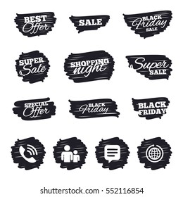 Ink brush sale stripes and banners. Group of people and share icons. Speech bubble and round the world arrow symbols. Communication signs. Black friday. Ink stroke. Vector