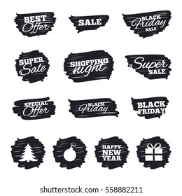 Ink brush sale stripes and banners. Happy new year icon. Christmas tree and gift box sign symbols. Black friday. Ink stroke. Vector