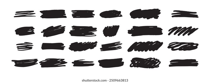 Ink brush shape strokes set, brushes, lines, black paint, grungy. hand drawn graphic element isolated. Vector illustration