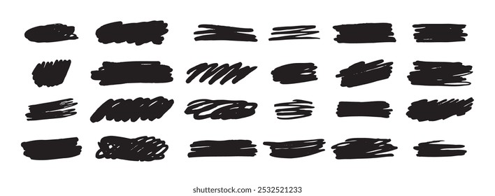 Pinsel Form Striche gesetzt, Pinsel, Linien, schwarze Farbe, grungy. handgezeichnetes grafisches Element einzeln. Vektorgrafik