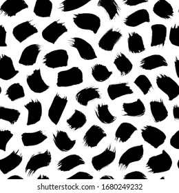 Ink brush stains vector seamless pattern. Dirty black paint spots decorative texture. Grungy daub, chaotic brush strokes on white background. Creative wallpaper, monochrome textile print design