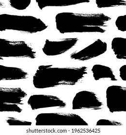 Ink brush stains vector seamless pattern. Dirty black paint spots decorative texture. Grungy horizontal lines, black brush strokes on white background. Creative wallpaper, monochrome textile print