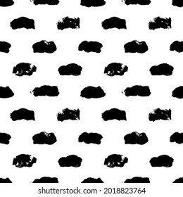 Ink brush stains vector seamless pattern. Sky and cloud motif ornament. Horizontal dashed lines. Dirty black paint decorative texture. Grungy brushstrokes. Creative wallpaper, textile print design