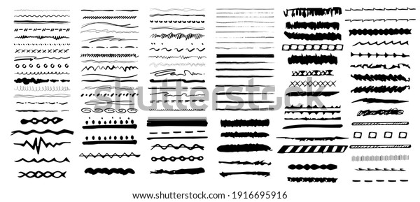 Ink brush stroke,\
artistic pen brushes collection. Vintage doodle underlines. Hand\
drawn grunge strokes. Scribble marker borders, sketch underlines.\
Vector illustration