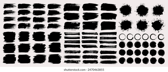 Ink brush stroke background or grunge paint brush, box, frame and line collection as vector design element. Torn or rip paper, watercolor splash, black silhouette or dirty texture set. Banner clip art