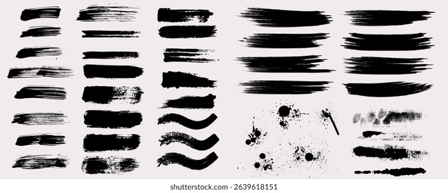 Ink brush stroke background or grunge paint brush, box, frame and line collection as vector design element. Torn or rip paper, watercolor splash, black silhouette or dirty texture set. Banner clip art