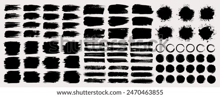 Ink brush stroke background or grunge paint brush, box, frame and line collection as vector design element. Torn or rip paper, watercolor splash, black silhouette or dirty texture set. Banner clip art