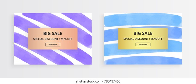 ink brush stroke creative card. Purple, blue watercolor horizontal hand painted stripes on the white background. Template for your designs, banner, poster, flyer, invitation, party, birthday
