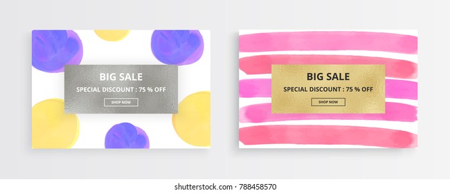 ink brush stroke creative card. Pink, yellow and blue watercolor horizontal hand painted stripes with gold and silver foil texture on the white background. Template for your designs, banner, poster