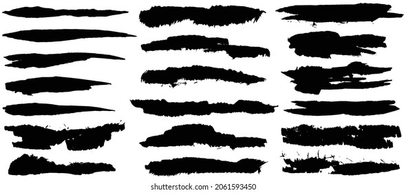 Ink brush stroke. Dry paint long smear, black stains. Isolated textured straight lines or art grunge design elements. Paint brush, grunge ink stroke. Vector set