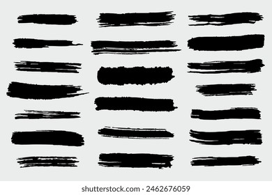 Ink brush stroke. Dry paint long smear, black stains. Isolated textured straight lines or art grunge design elements. Vector drawing set