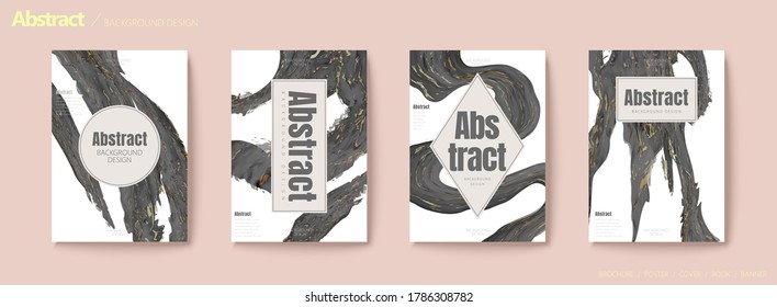 Ink brush stroke with golden leaf effect flyer set, geometric shape copy space for design use
