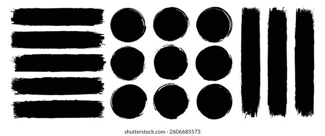 Ink brush stroke, grunge paint brush, line collection as vector dirty design element. Torn or rip paper, watercolor splash, black silhouette or dirty texture set.