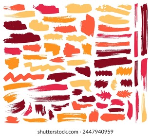 Ink brush stroke grungy graphic elements vector collection. Paintbrush black splashes isolated on white. Graffiti texture. Box dry dye artistic badges. Strokes, drawn back stamps.