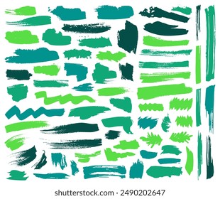 Ink brush stroke grungy graphic elements vector collection. Paintbrush black stains isolated on white. Drawing shapes. Box dry dye artistic badges. Strokes, drawn back stamps.