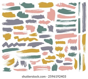 Ink brush stroke grungy graphic elements vector collection. Paintbrush black splashes isolated on white. Graffiti texture. Scratch design, distress messy stickers. Strokes, drawn back stamps.