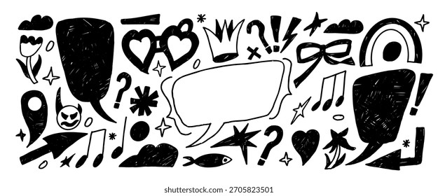 Handgezeichnete Dialoge mit Freihandpinselstrichen als Legende. Doodles Textfeldelemente gesetzt. Bleistift gezeichnete Sprechblasen mit Krone, Wolke. Markierungstextfelder mit abstrakter Vektorgrafik des Herzschlossets.